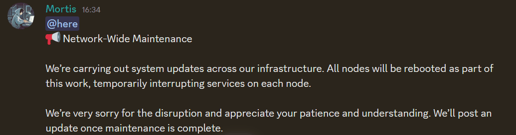 Pengumuman "Network-Wide Maintenance" di Discord UltraServers