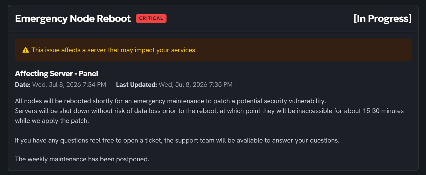 Notice "Emergency Node Reboot" di panel UltraServers
