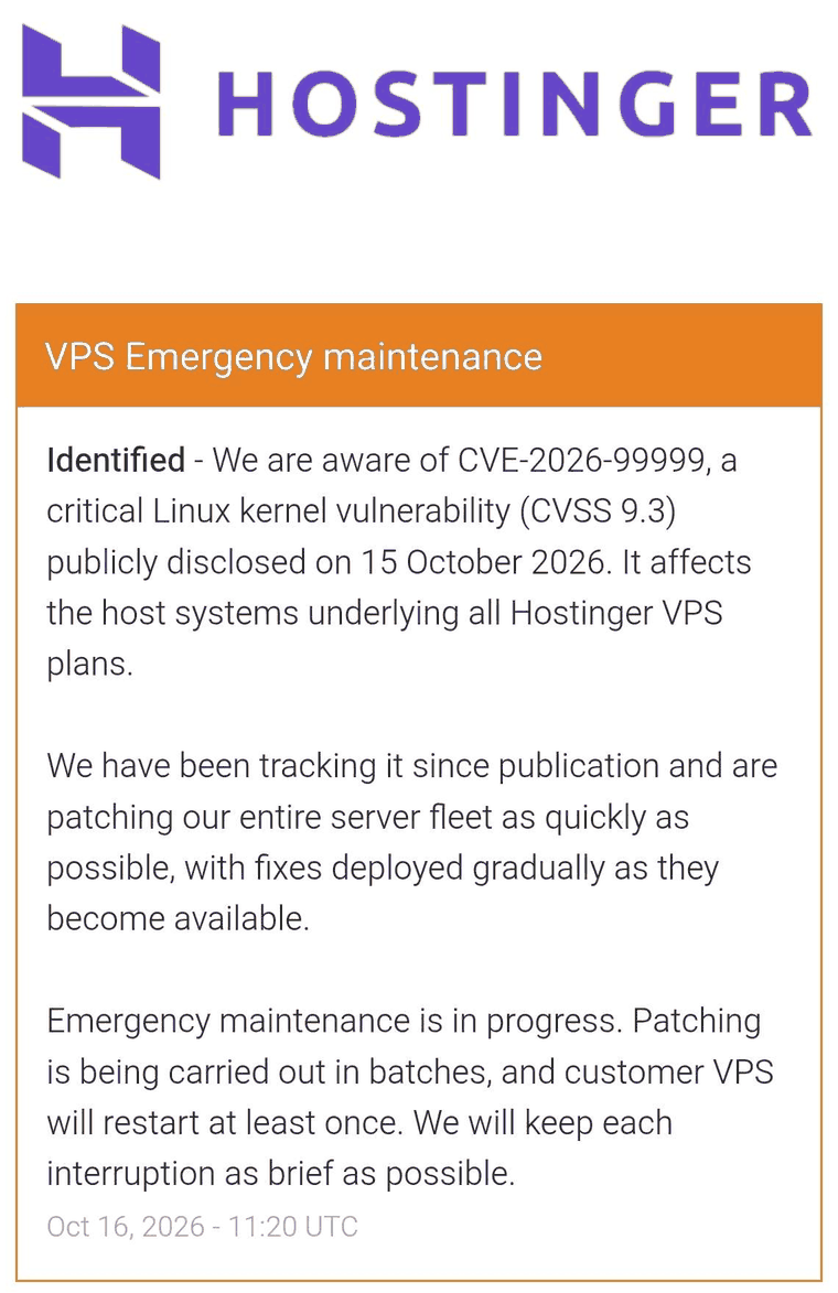 Pengumuman maintenance darurat Hostinger, 16 Oktober 2026