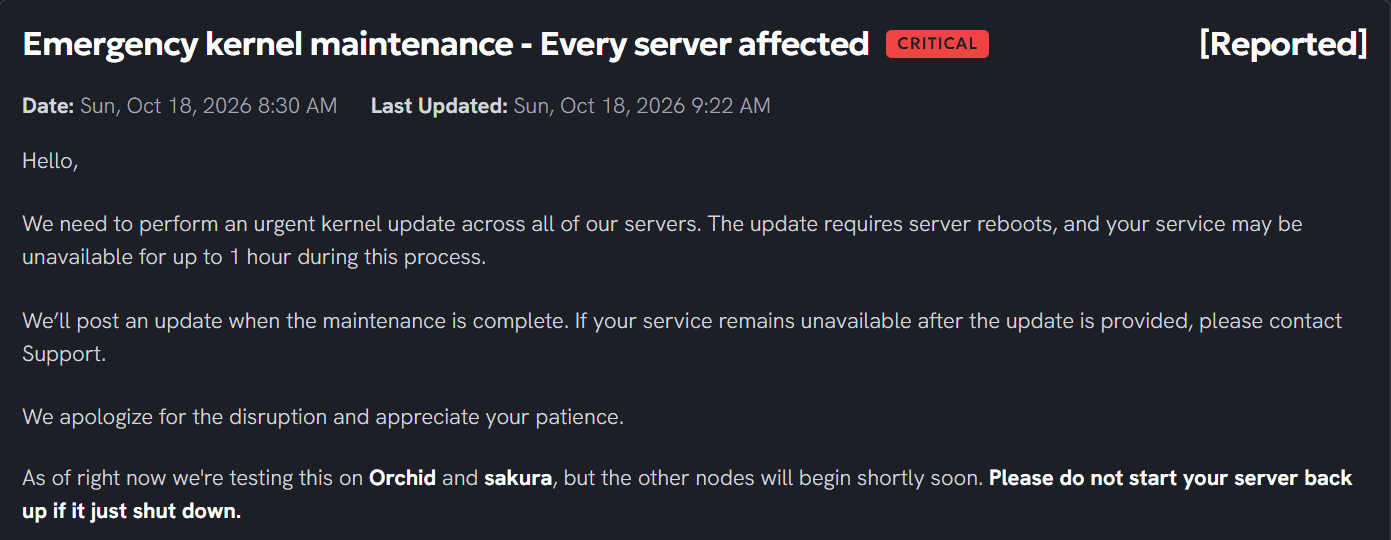 Notice "Emergency kernel maintenance" di panel UltraServers
